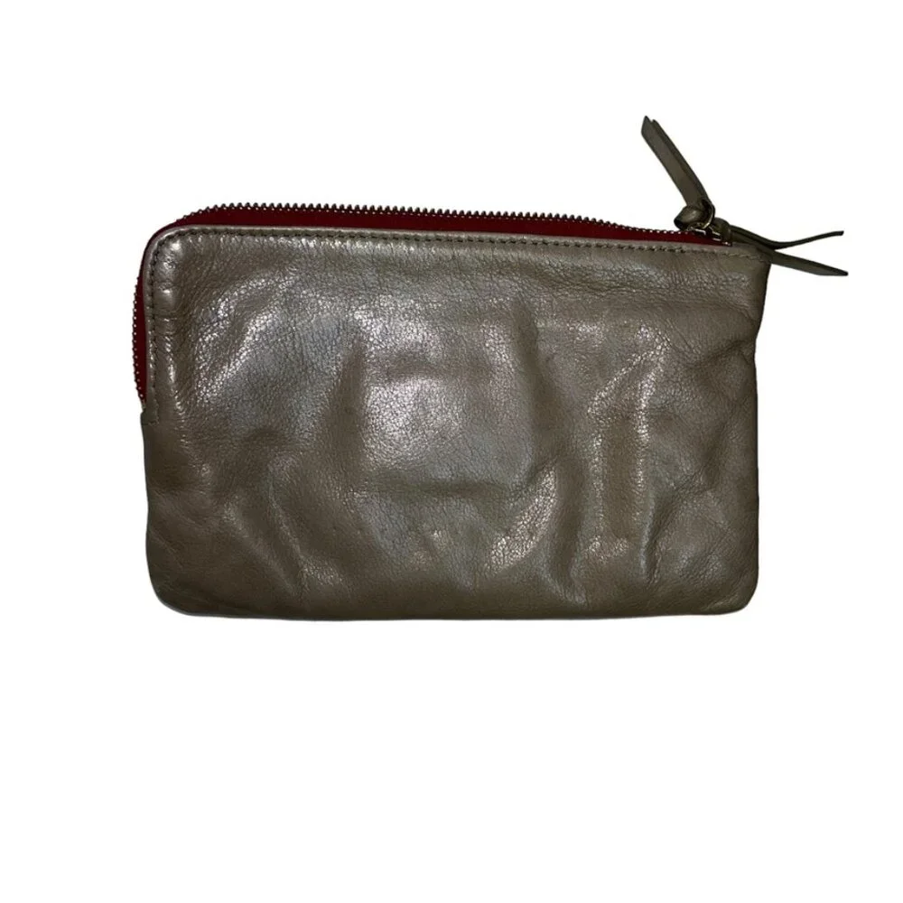 steven allen khaki leather striped lining zipper pouch pockets wallet bag